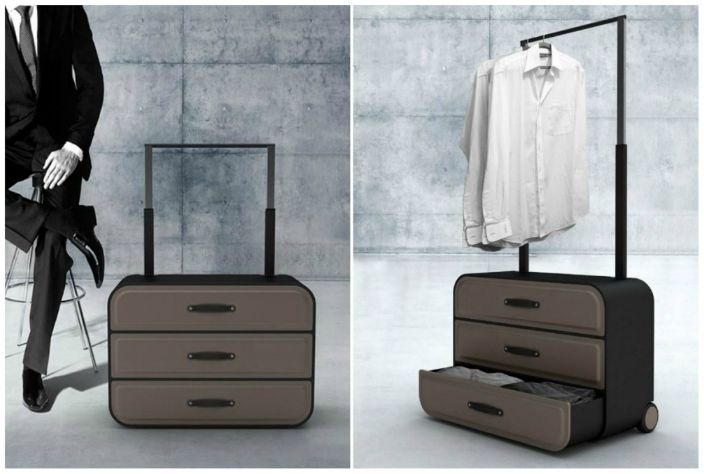 Een koffer die gemakkelijk verandert in een kledingkast met drie vakken en een kledingrek.
