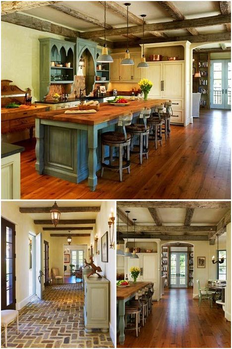 De combinatie van turquoise en wit in het interieur is praktisch en modern.  Maar de grootste schoonheid van de eetkamer is dat er houten elementen zijn.