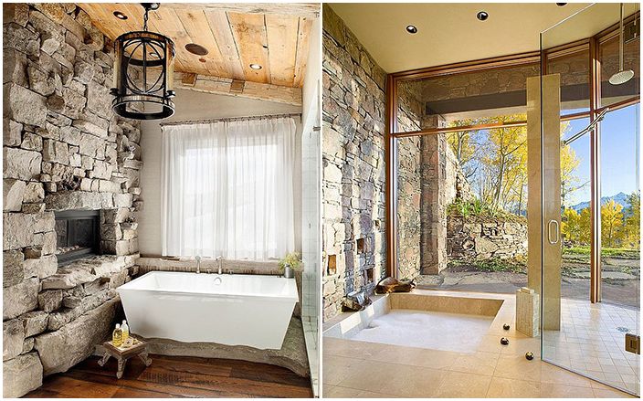 Badkamer en douche met stenen muren