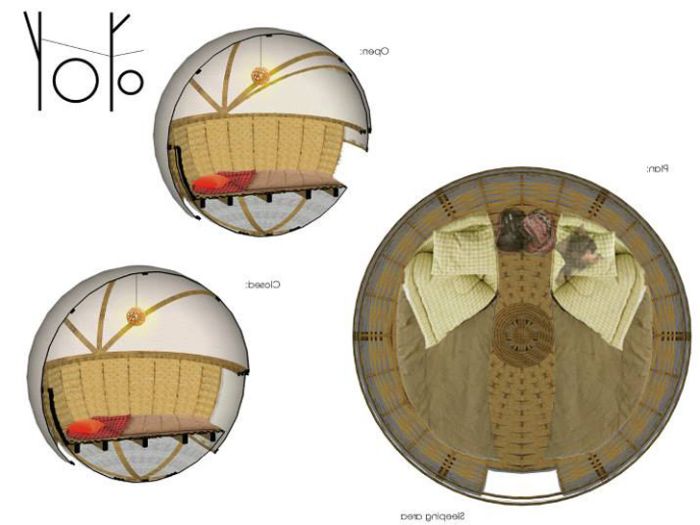 Bolvormige eco-lodge.  De interne structuur van een bolvormige woning.