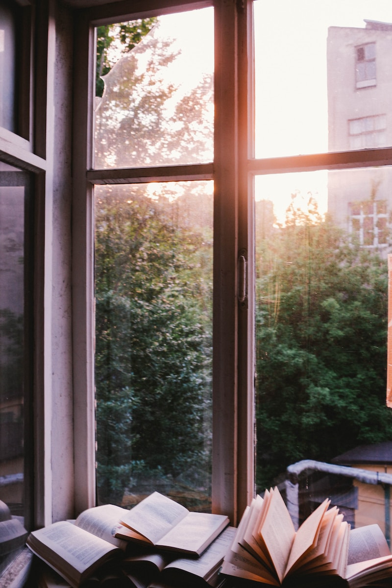 Boeken naast raam tijdens zonsondergang.  Zo creëer je de perfecte leeshoek voor je huis